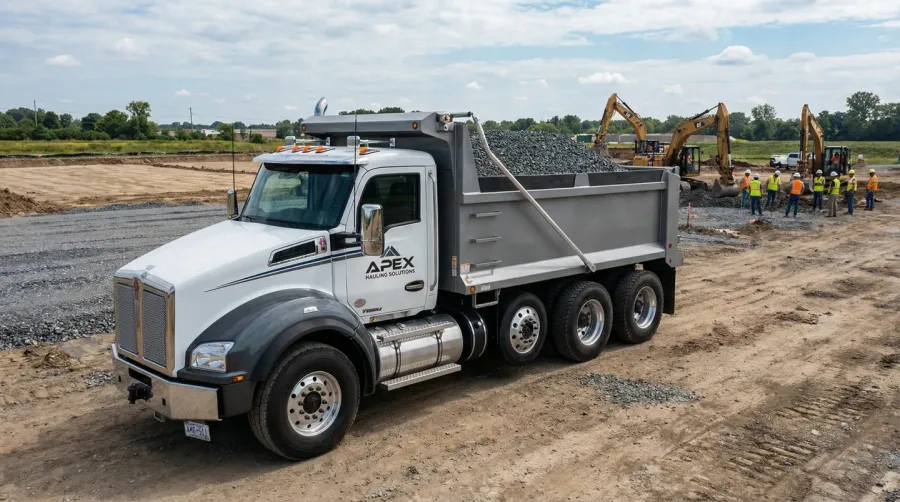 Professional dump truck on construction site with gravel load