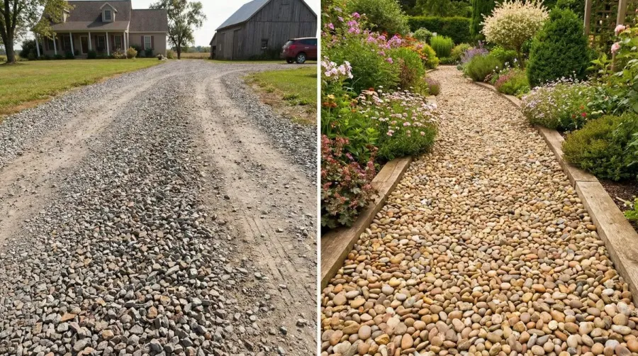 Split image showing crushed gravel driveway and washed gravel garden path