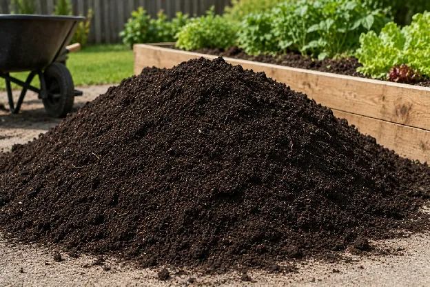 Mound of dark garden soil beside a planted raised bed and a wheelbarrow