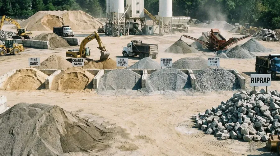 Construction site with sand and gravel piles showing different types and sizes of aggregates