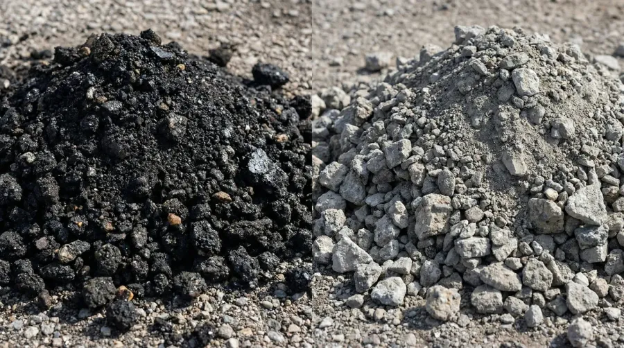 Side-by-side comparison of asphalt millings and crushed concrete materials showing texture and color differences