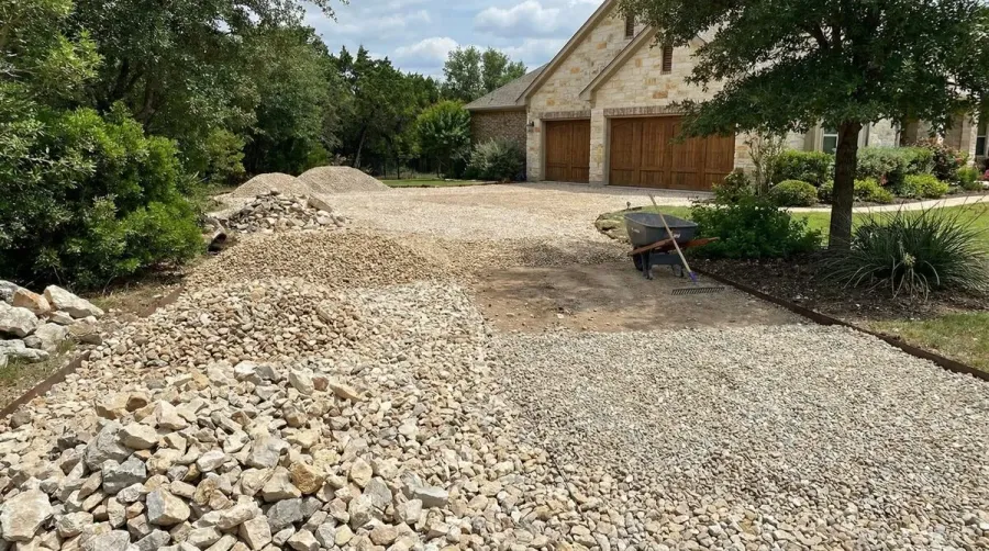 Limestone gravel driveway installation showing different sizes