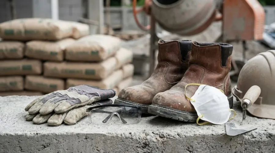 Safety equipment for concrete work including work gloves, safety glasses, steel-toed boots, and dust mask