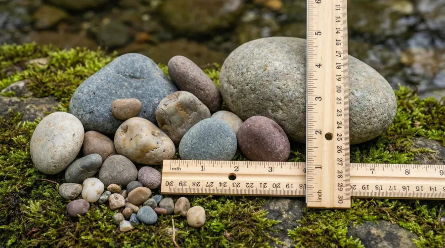 River rocks of different sizes shown with ruler for measurement comparison