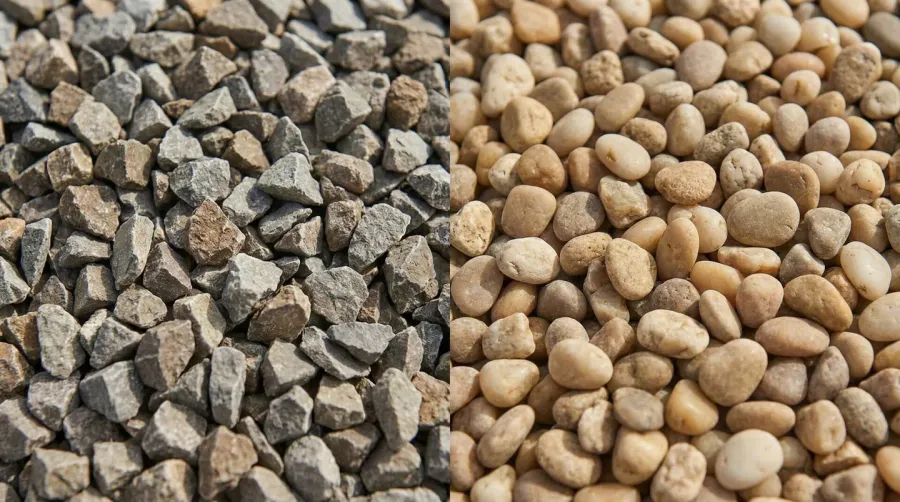 Crushed stone and pea gravel comparison showing angular versus rounded edges