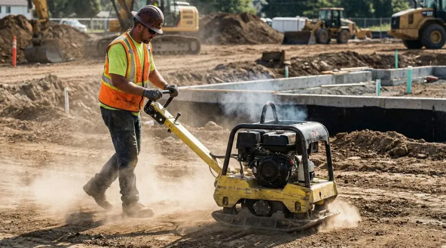 Fill dirt compaction process with plate compactor