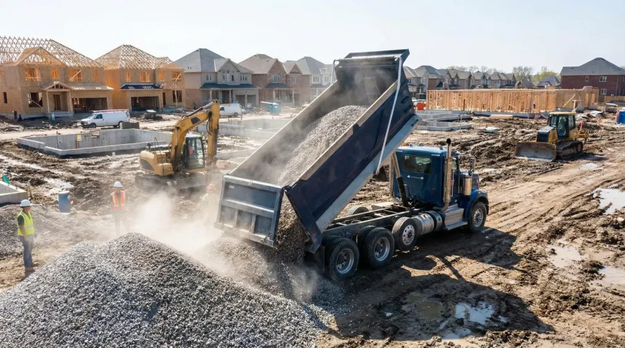 dump truck delivering gravel to construction site