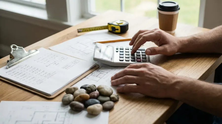 Person using calculator with walkway measurements and river rock samples