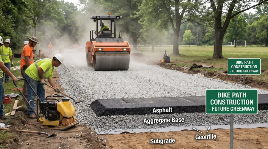 bike path construction showing proper base preparation and compaction