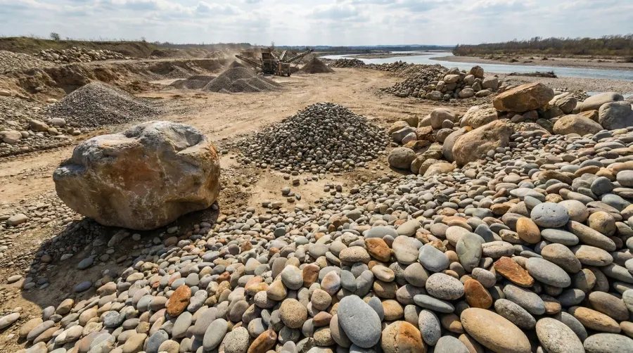 River rock quarry with various sized stones and equipment