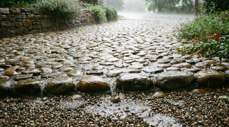 River stone driveway during rainfall showing water naturally draining through stones rather than pooling on surface