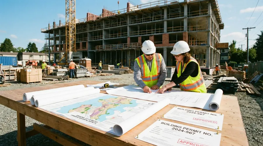 construction site with zoning maps and permits spread on table
