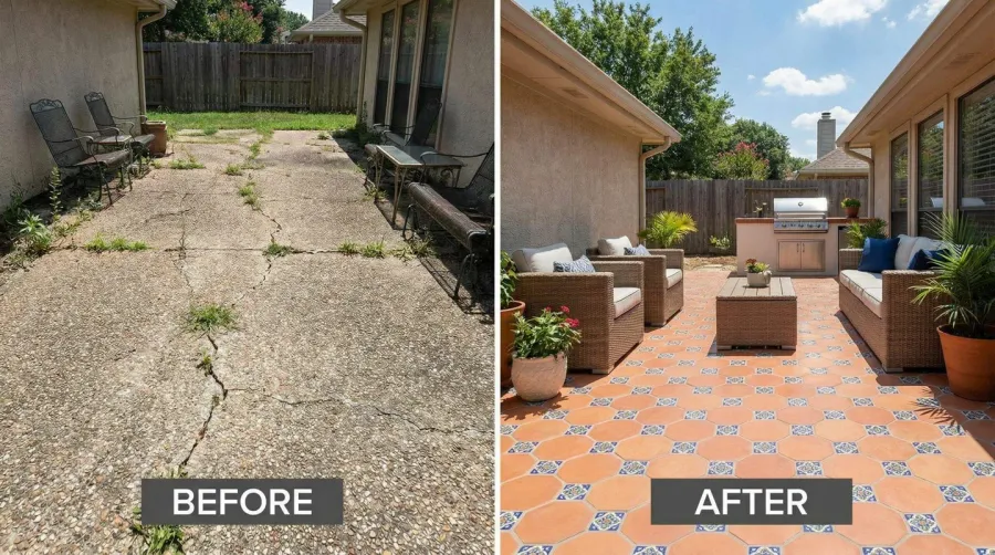 Aggregate concrete surface with tiles overlay showing transformation