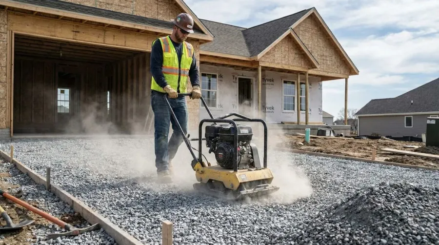 Base material being compacted for driveway foundation