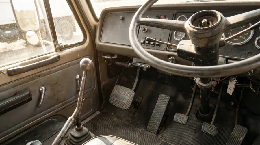 Manual dump truck transmission interior view with gear shifter and controls
