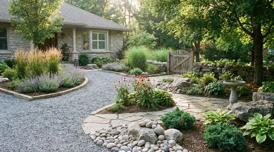 Gray gravel driveway and landscaping showcase
