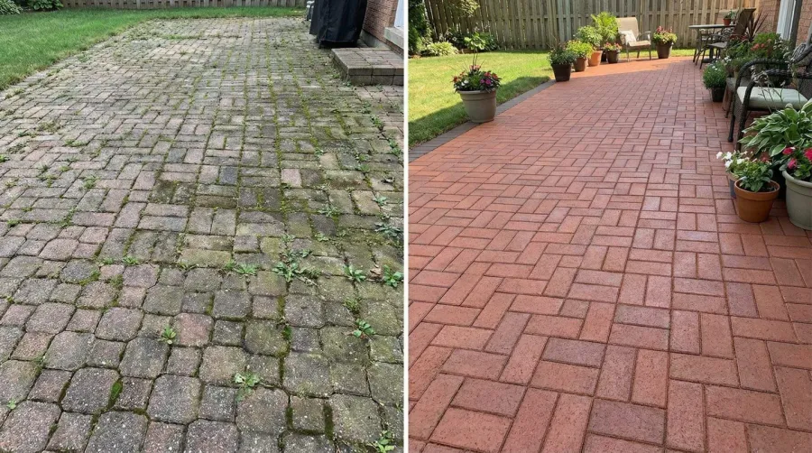 Before and after comparison of properly maintained paver surface