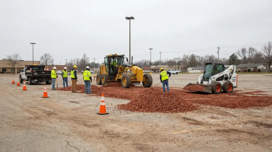 Brick chip parking maintenance showing regrading process equipment