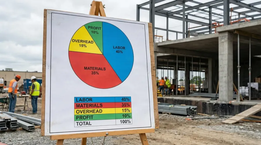 construction cost breakdown chart showing percentages for labor, materials, overhead, and profit