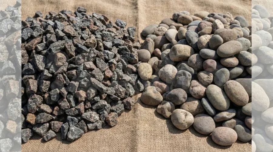 close-up showing angular crushed stone vs smooth river rock shapes