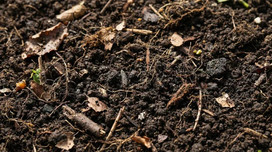 Close up of topsoil texture with rich organic matter