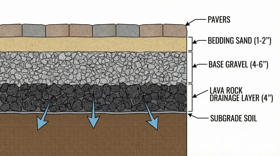 cross-section diagram showing proper patio base layers with lava rock as drainage layer