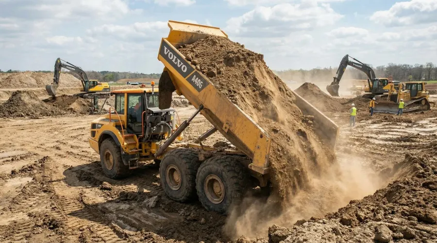 Dump truck delivering fill dirt to construction site