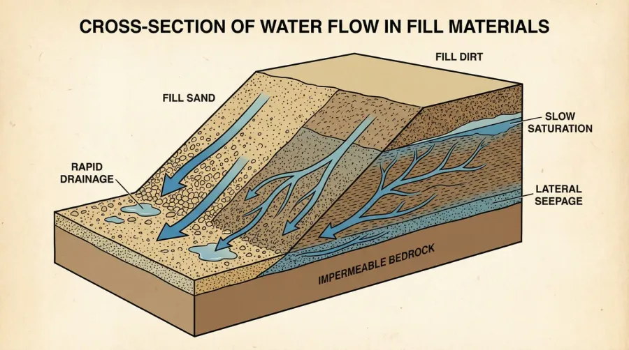 Cross-section diagram showing water flow through fill sand versus fill dirt layers