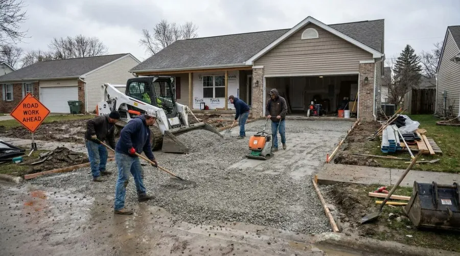 Driveway installation with crushed concrete being spread