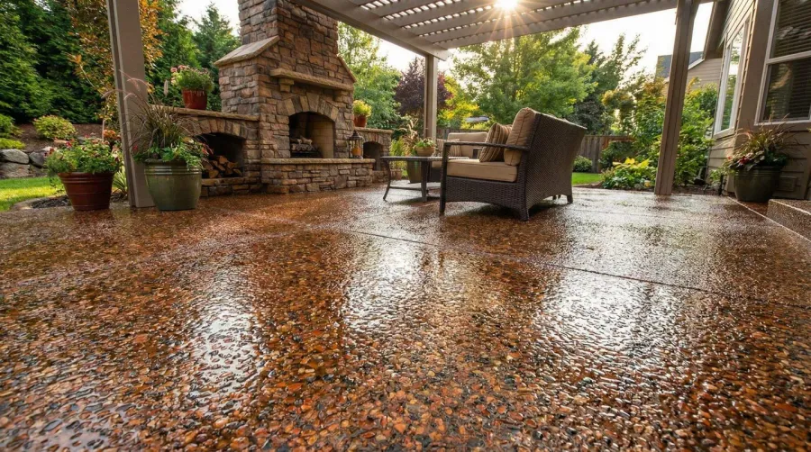 Stained exposed aggregate patio after sealing with enhanced colors and protective finish
