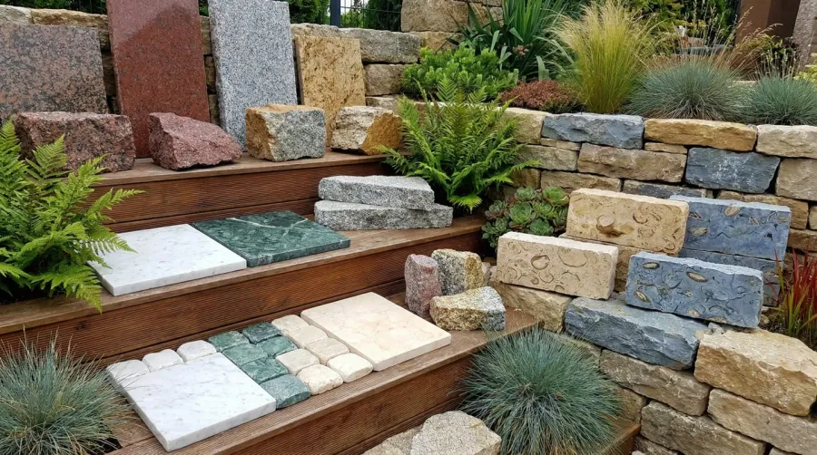 Display of decorative stone varieties including granite, marble, and limestone for landscaping
