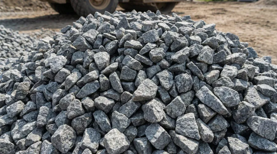 Angular crushed 57 stone gravel pile showing sharp-edged granite pieces