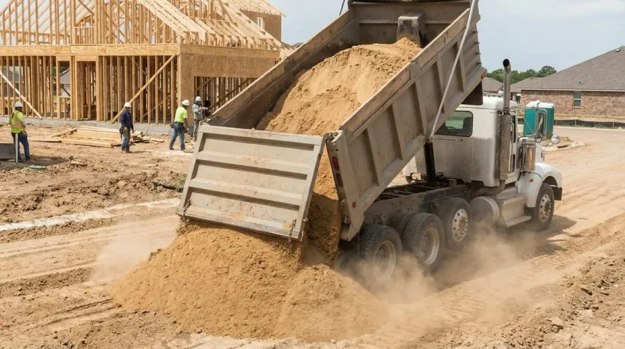 delivery truck dumping fill sand at residential construction site