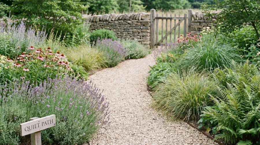 Fine gravel pathway with natural landscaping