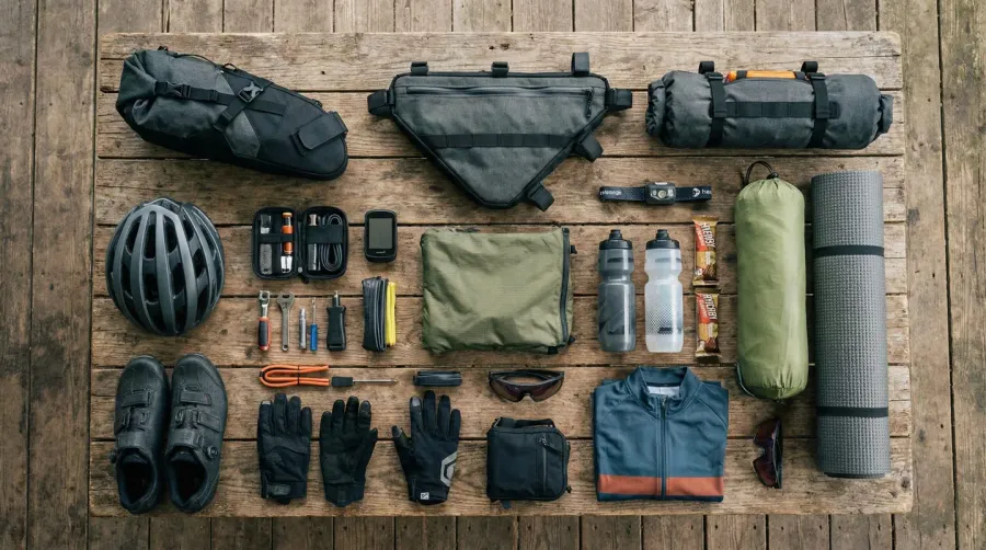 Gravel adventure gear laid out on wooden surface