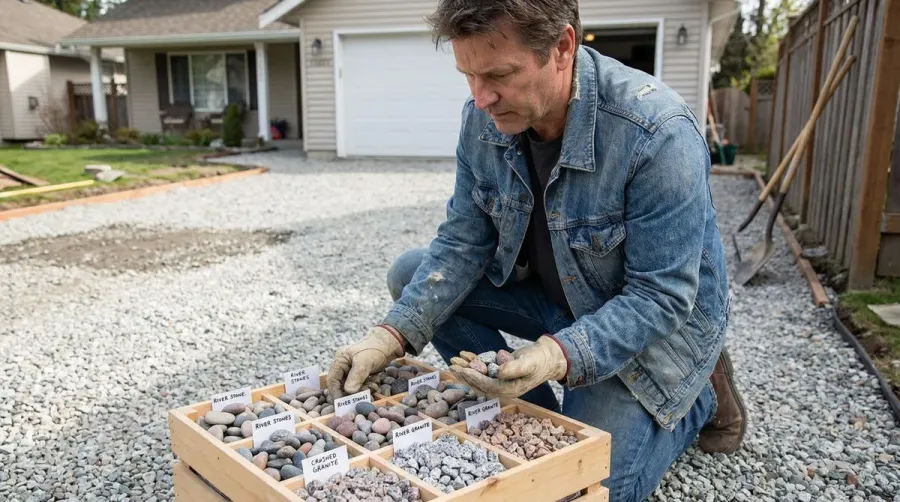 Homeowner examining different pebble samples for driveway selection