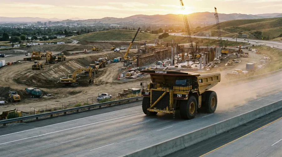 Dump truck speeding on highway near construction site