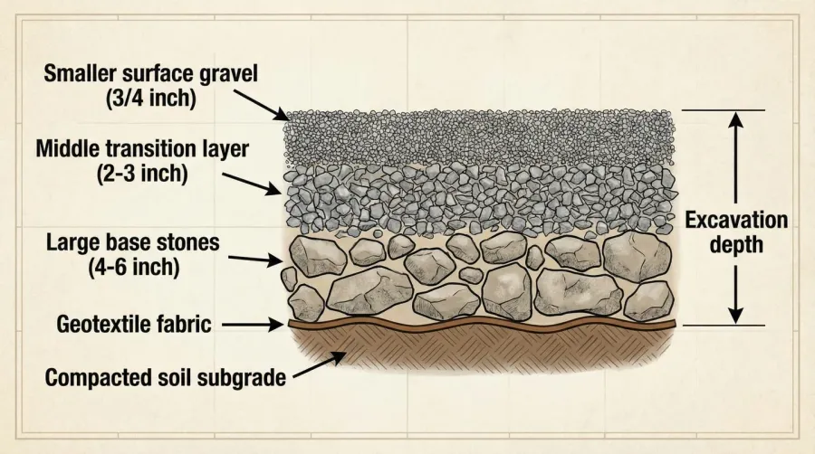 Gravel driveway installation process showing layers