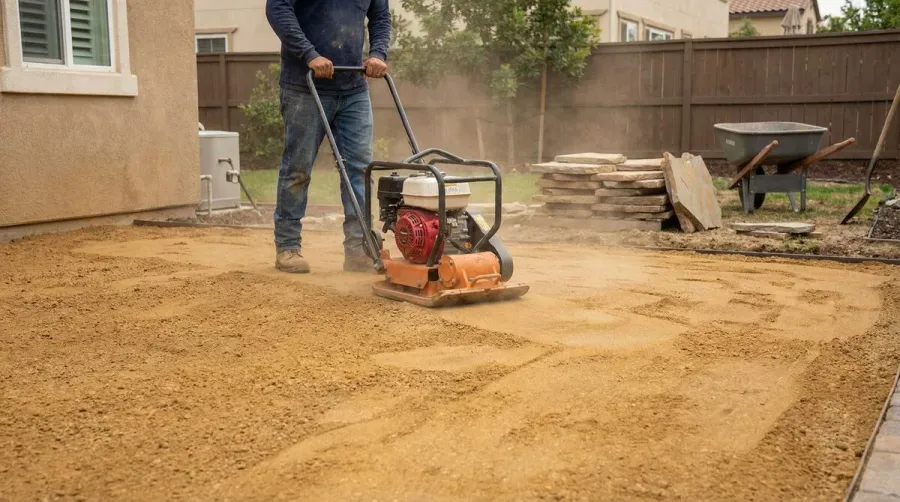 Natural decomposed granite being compacted with plate compactor for paver base