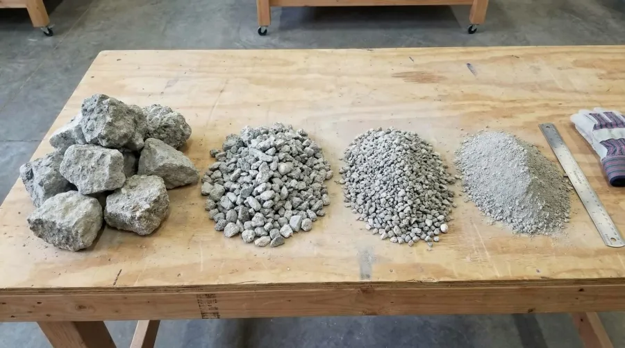 Different sizes of crushed concrete arranged in comparison