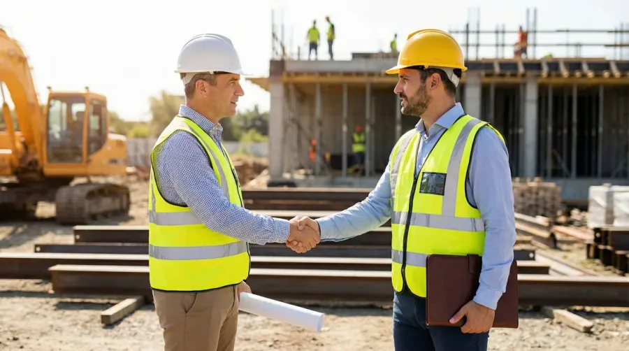 Professional handshake between contractor and supplier at construction site