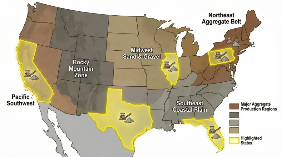 US map showing major aggregate production regions with highlighted states