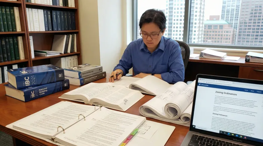 Person studying construction codes and regulations