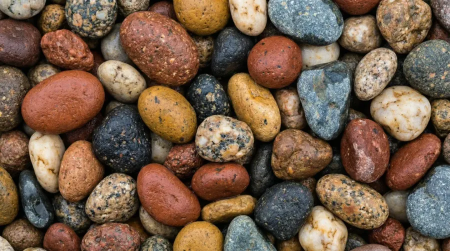 Close-up of different colored pea gravel stones showing texture and variety