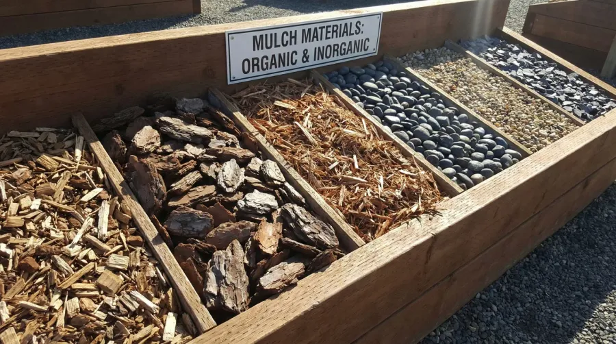 Different types of mulch materials organic and inorganic displayed side by side