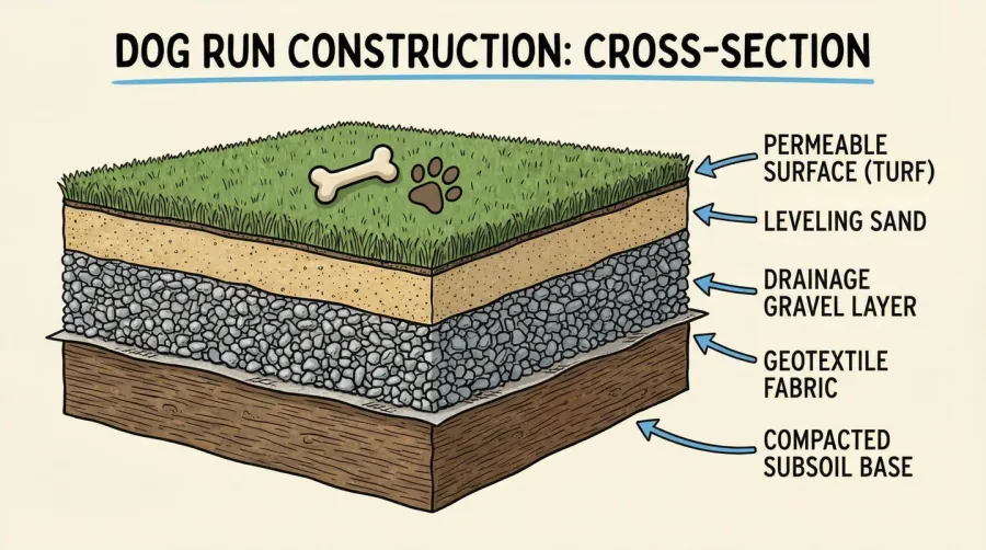 Cross-section diagram showing layers of dog run base construction