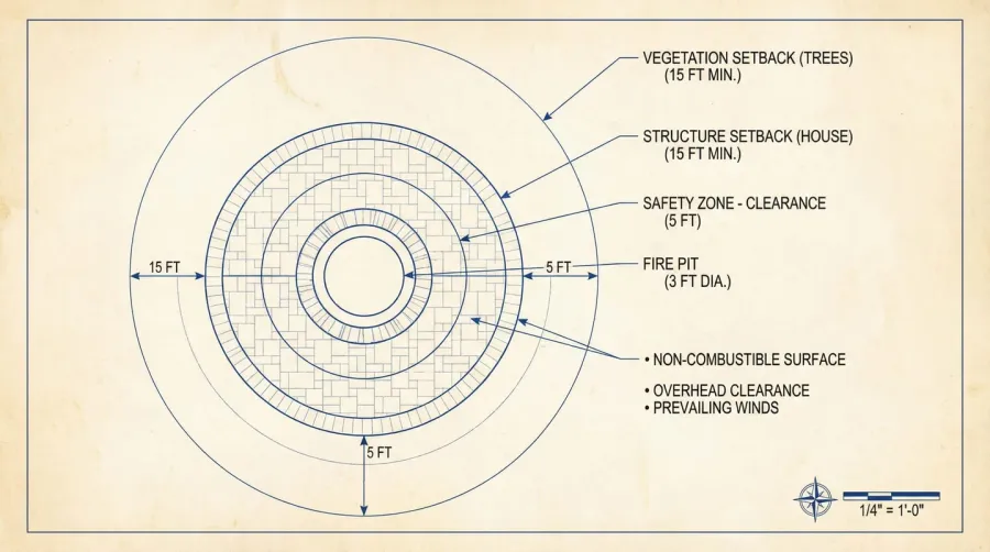 Fire pit area planning diagram showing measurements and safety distances