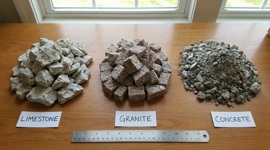 comparison of different crushed stone types showing limestone, granite, and concrete samples