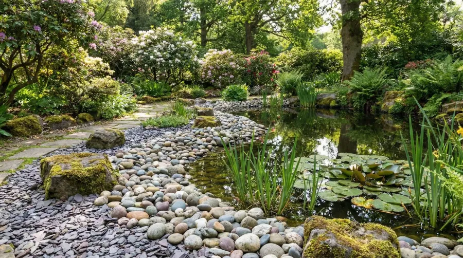 Pond border with aggregate stones in natural landscape setting