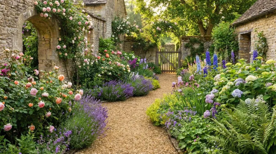 Limestone gravel pathway through garden landscape